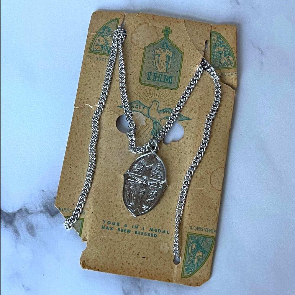 Vintage Catholic 6-in-1 Medal Necklace Japan Call a Priest Original Card